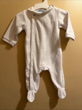 Jacadi Cream One-Piece Footed Romper with Light Blue Bunny Print